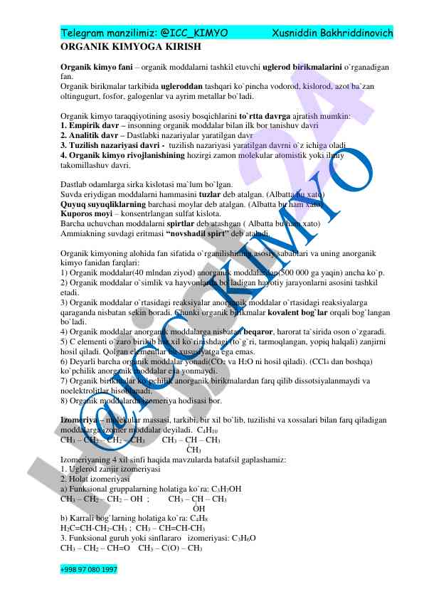 Organik kimyoga kirish ta'rifi va asosiy davrlar