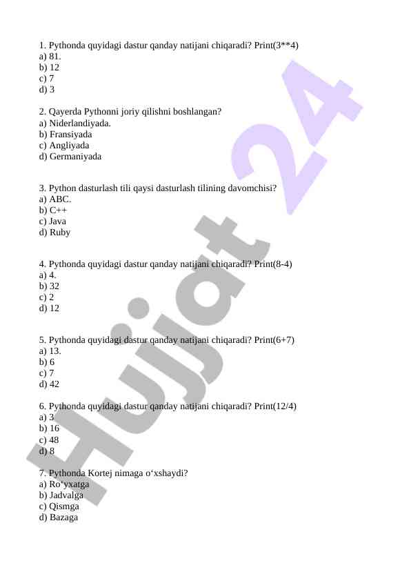 Python dasturlash tili test savollari