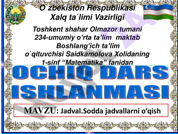Matematika fanidan ochiq dars ishlanmasi mavzu jadval