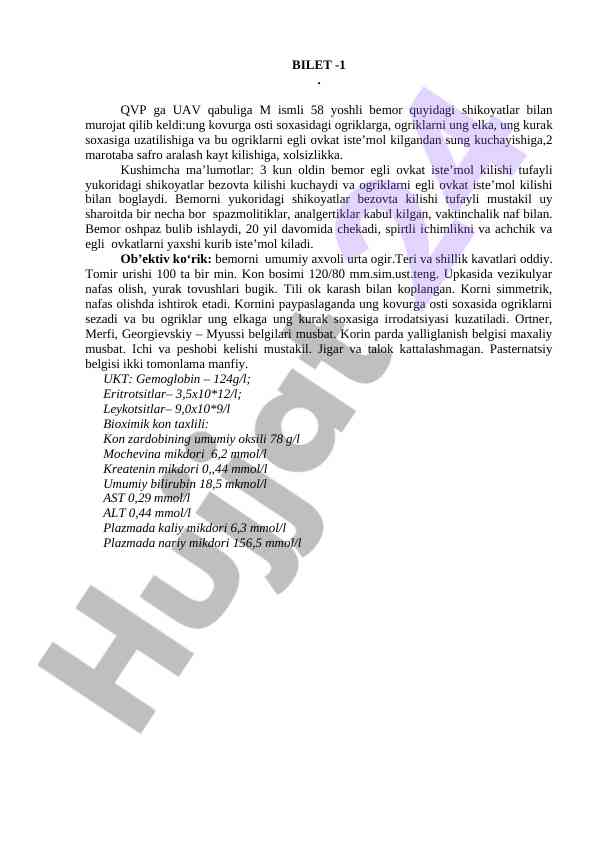 Bemor shikoyatlari va klinik baholash tahlili