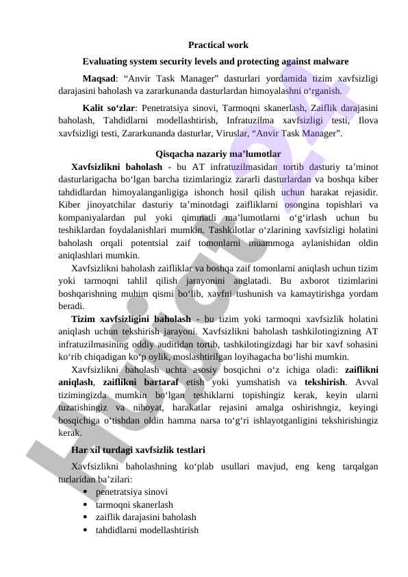 Tizim xavfsizligini baholash va himoyalash usullari