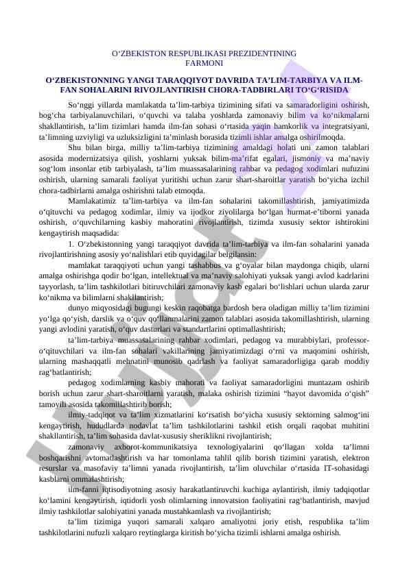 Ta’lim tizimini rivojlantirish chora-tadbirlari