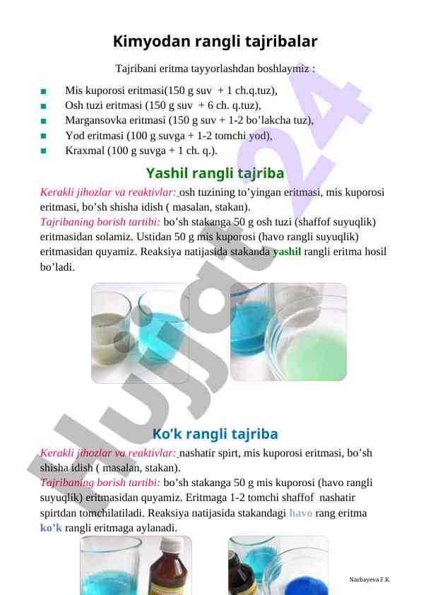 Kimyodan rangli tajribalar eritmalar tayyorlash