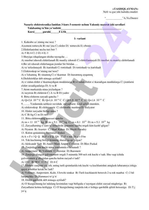 Yakuniy nazorat ishidagi savollar va javoblar