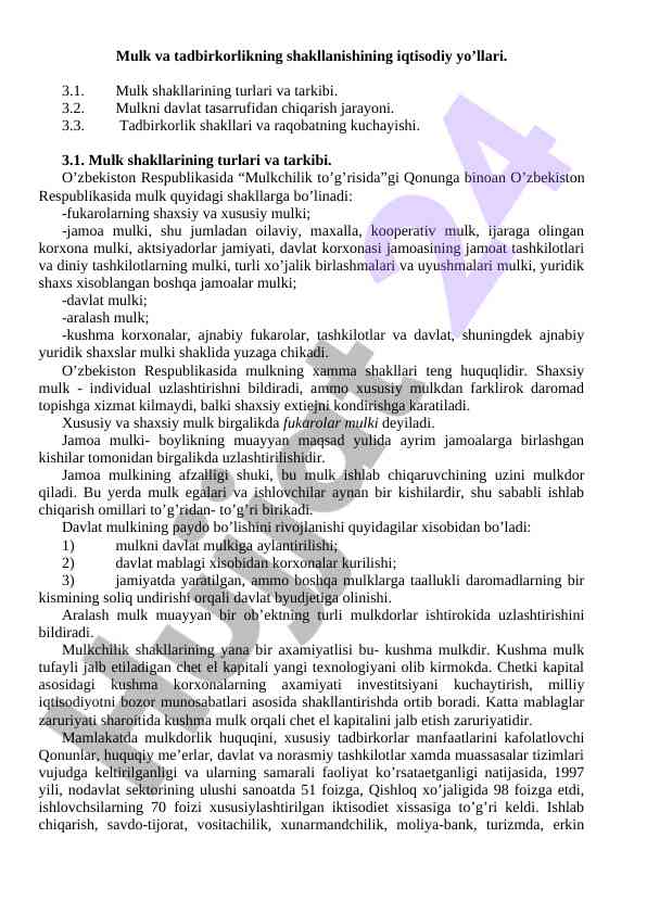 Mulk va tadbirkorlikning shakllanishi iqtisodiy yo'llari