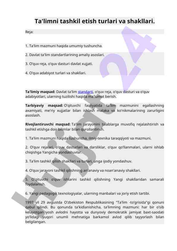 Ta'limni Tashkil Etish Turlari Va Shakllari