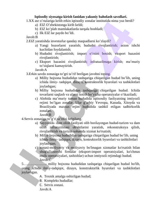 Iqtisodiy siyosatga kirish fanidan baholash savollari