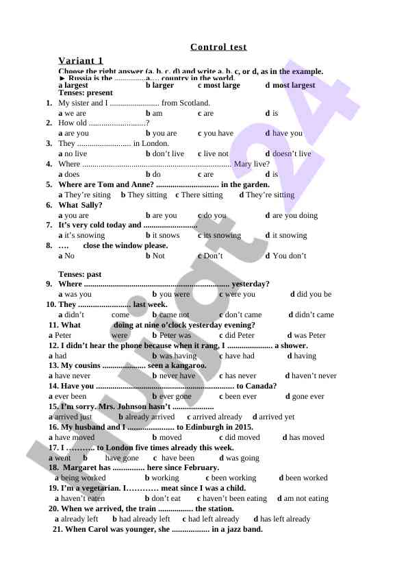 Control test variant 1 for english tenses and grammar