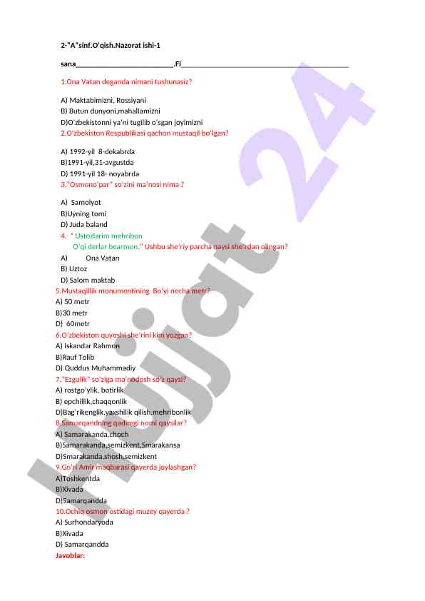 O‘zbekiston mustaqilligi haqida test savollari
