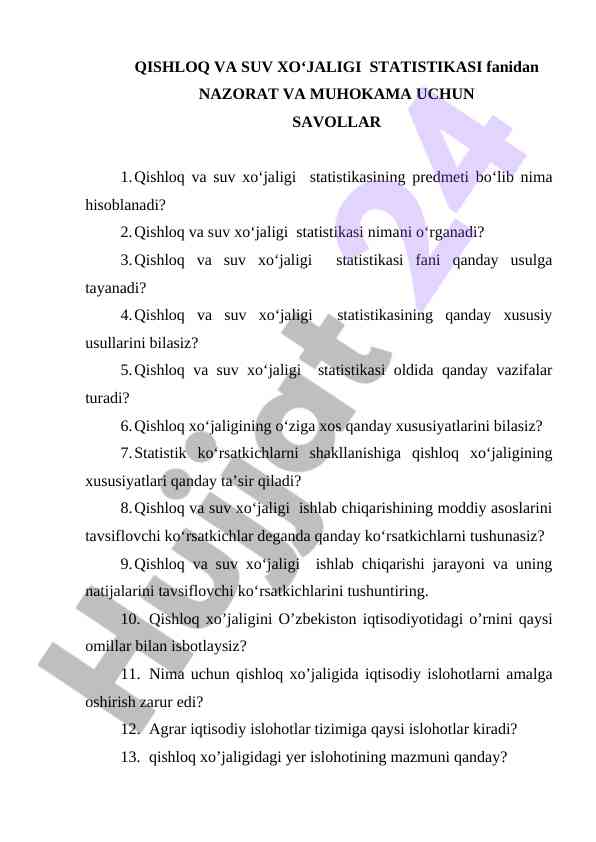 Qishloq va suv xo‘jaligi statistikasi savollari