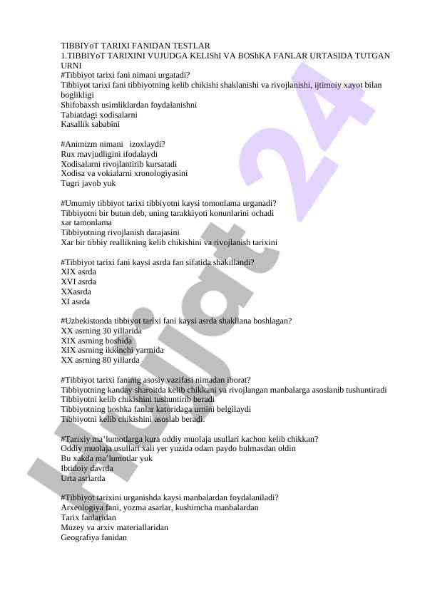 Tibbiyot tarixi fanidan testlar bo'yicha konspekt