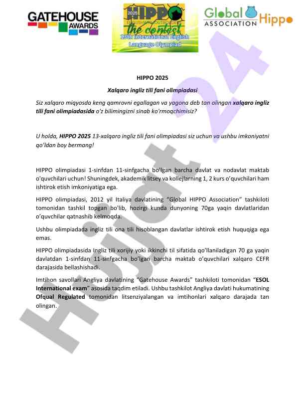 Hippo 2025 xalqaro ingliz tili olimpiadasi