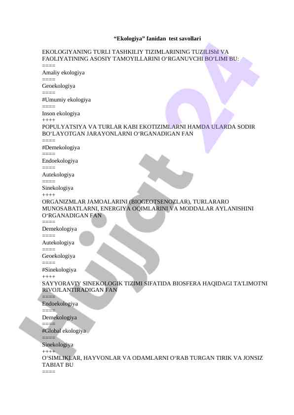 Ekologiya fanidan test savollari tahlili