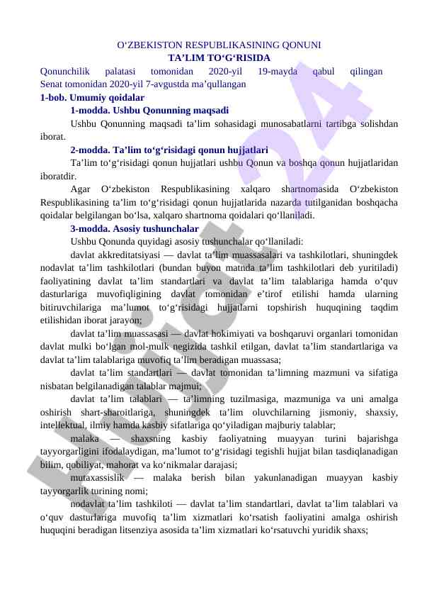 O‘zbekiston ta’lim qonunlari va qoidalari
