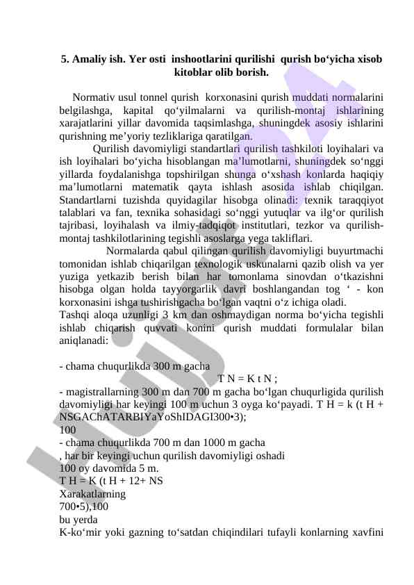 Yer osti inshootlari qurilishi bo‘yicha hisob kitoblar