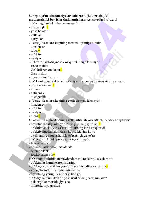 Laborant mutaxassislari uchun test savollari ro'yxati