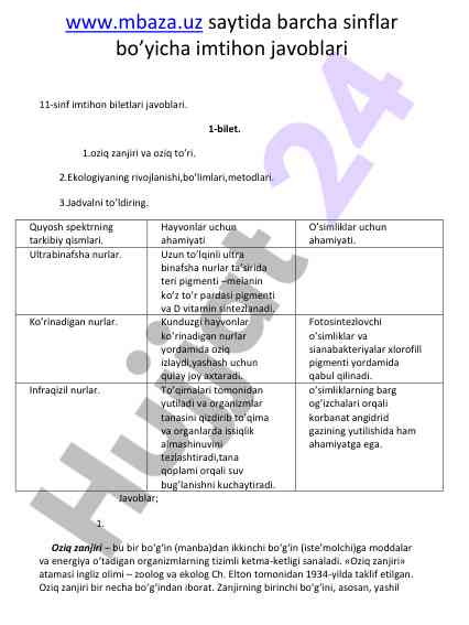 11-sinf imtihon biletlarining javoblari