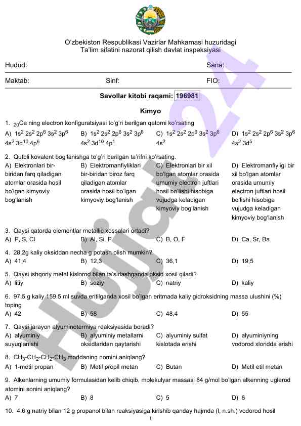 Kimyo savollari va javoblar testi