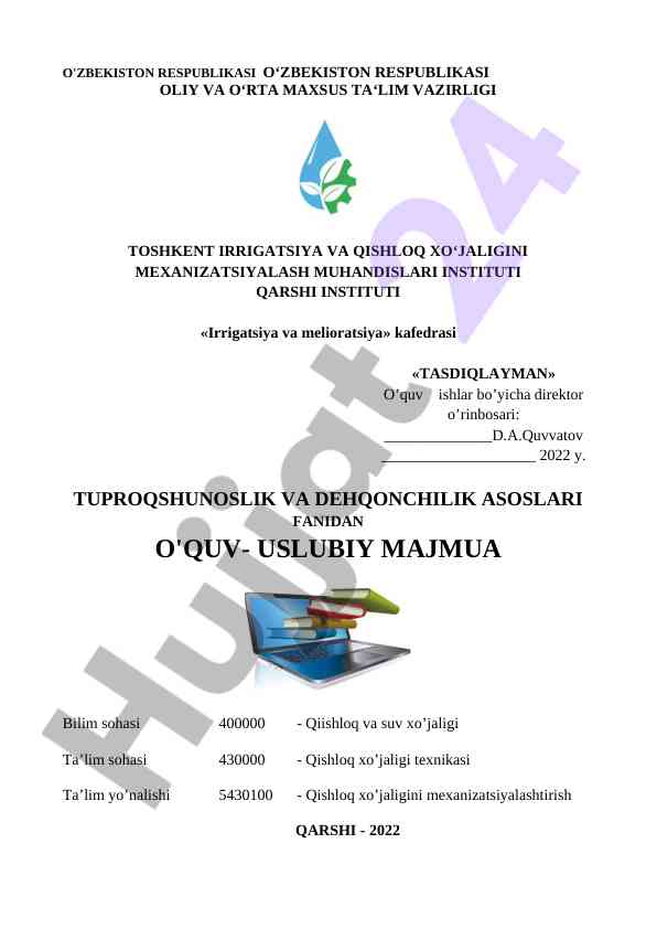 Tuprqshunoslik va dehqonchilik asoslari o‘quv-uslubiy majmua