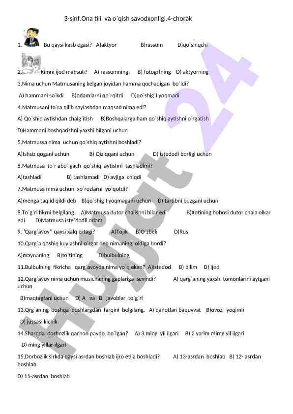 3-sinf ona tili va o'qish savodxonligi test