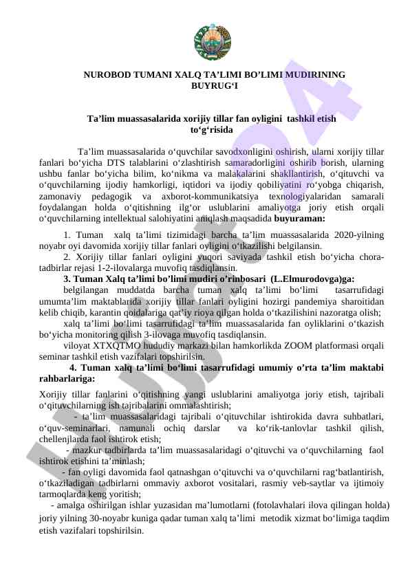 Xorijiy tillarda fan oyligini tashkil etish rejasi
