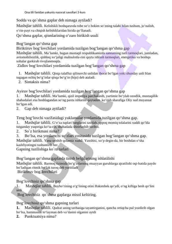Ona tili fanidan yakuniy nazorat savollari