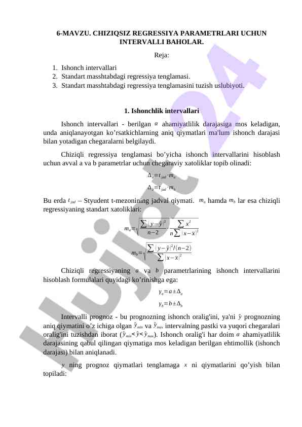 Chiziqsiz Regressiya Parametrlari Uchun Intervalli Baholar