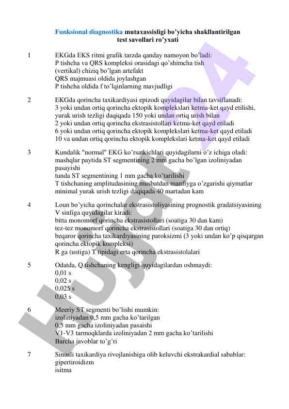 Funksional diagnostika mutaxassisligi test savollari