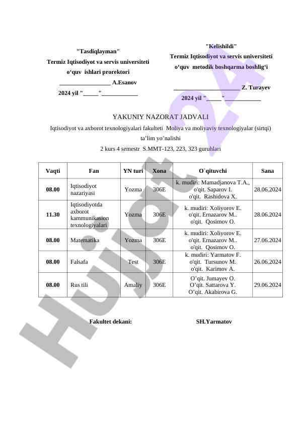 Yakuniy nazorat jadvali iqtisodiyot va axborot texnologiyalari