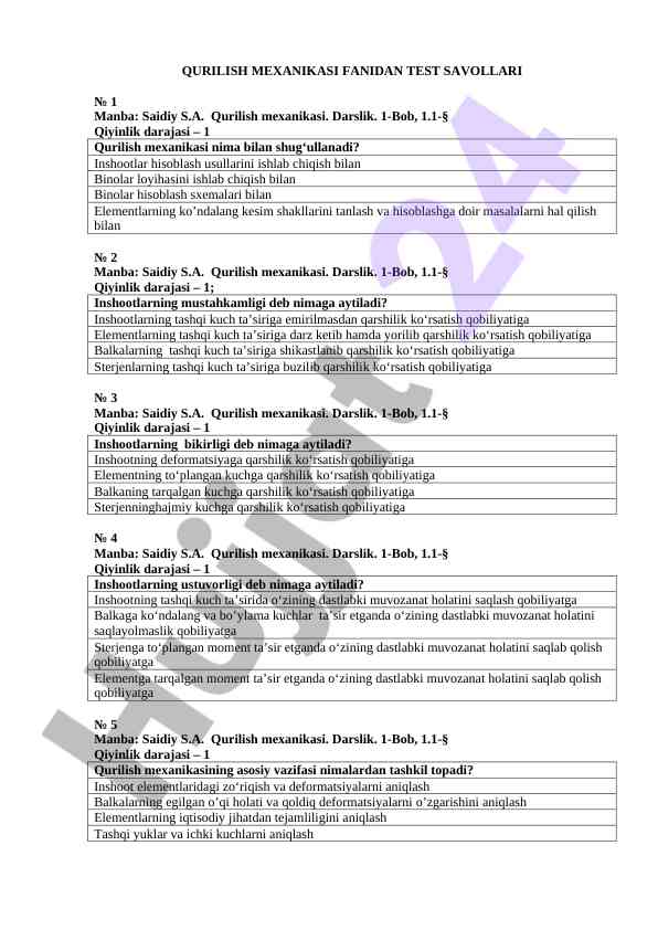 Qurilish mexanikasi fanidan test savollari