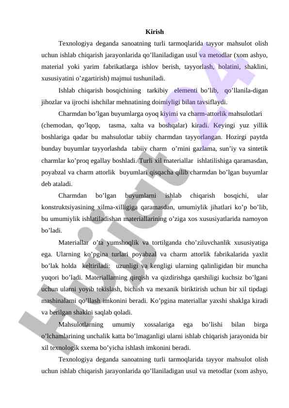 Texnologiya asosida charm buyumlarini ishlab chiqarish