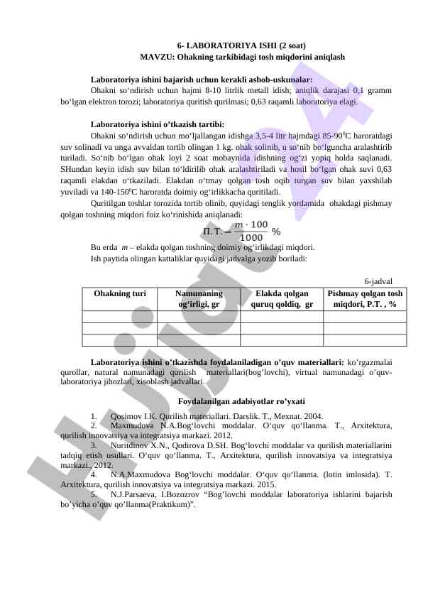 Ohakning tarkibidagi tosh miqdorini aniqlash