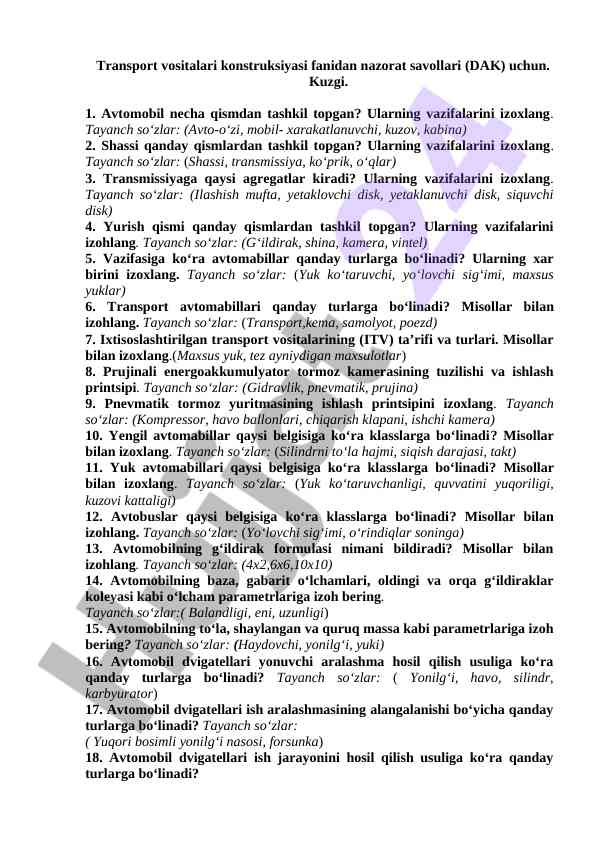 Transport vositalari konstruksiyasi nazorat savollari