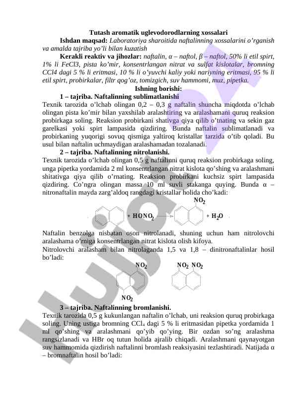Naftalinning xossalarini o’rganish tajribasi