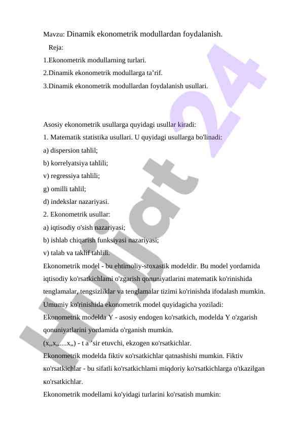 Dinamik ekonometrik modullardan foydalanish