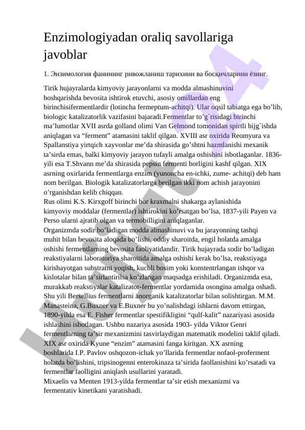 Enzimologiya fanining rivojlanish tarixi