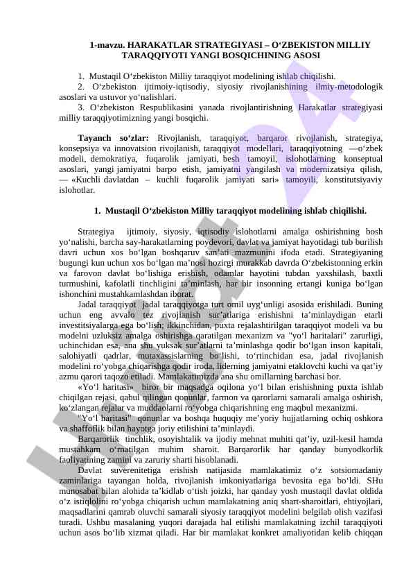 Harakatlar strategiyasi o‘zbekistonda rivojlanish asosi