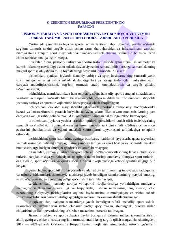 Jismoniy tarbiya va sport sohasida davlat boshqaruvi