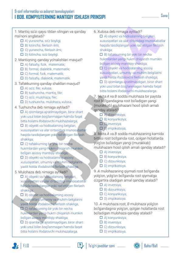 Informatika va axborot texnologiyalari savollari