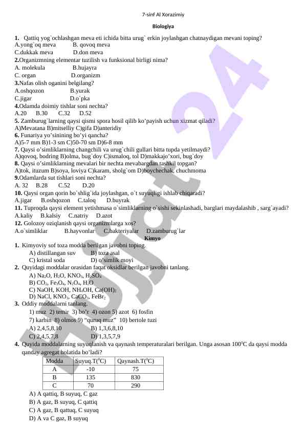 Biologiya testi: oliy sinf savollari