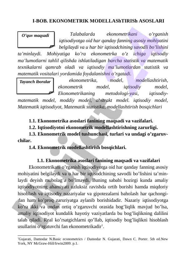 Ekonometrik modellashtirish asoslari bo'yicha ma'ruzalar