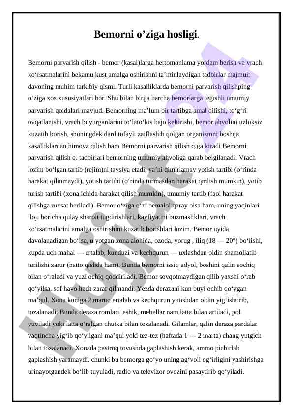 Bemorni parvarish qilishning o'ziga xos asoslari