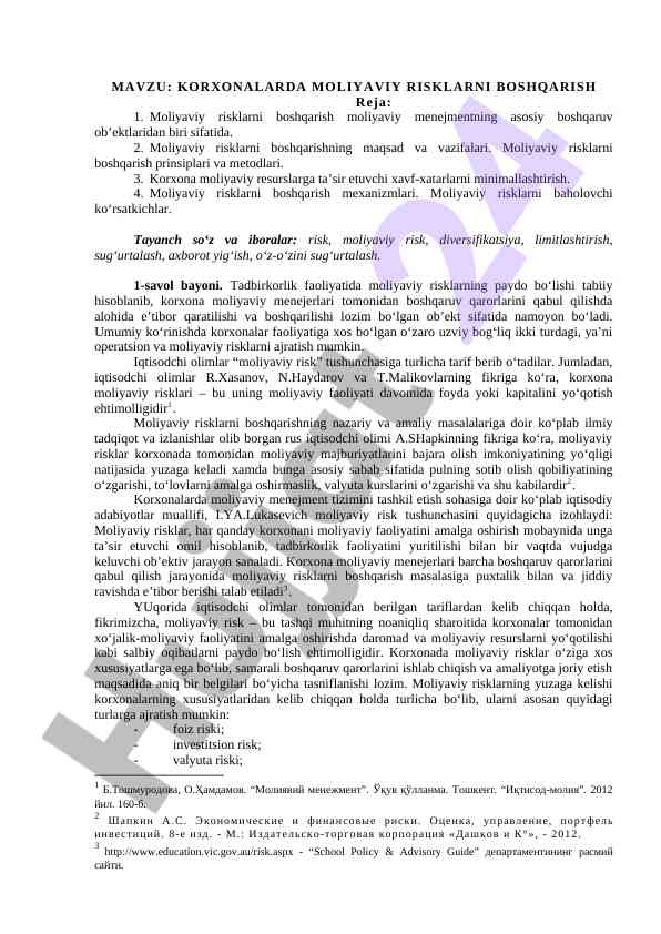 Korxonalarda moliyaviy risklarni boshqarish prinsiplari