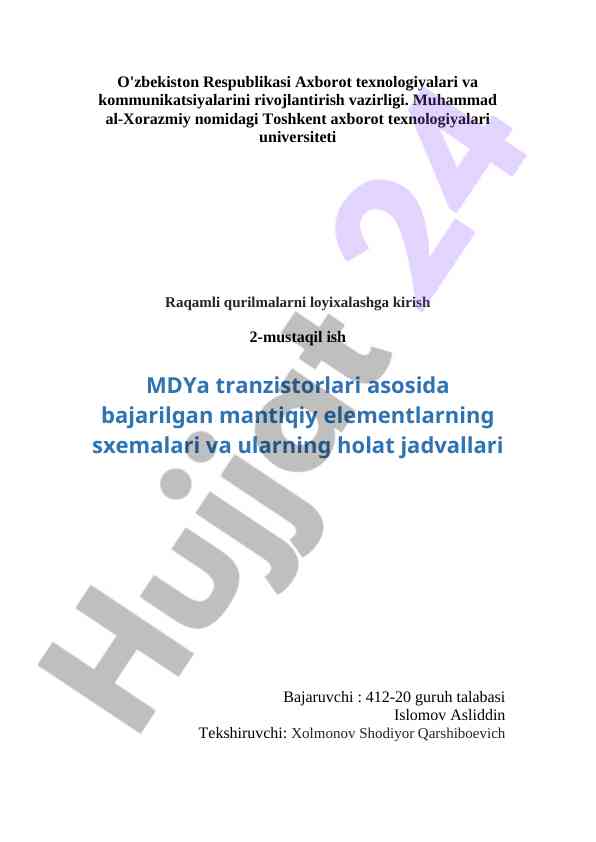Mantiqiy elementlar sxemalari asosida loyihalash