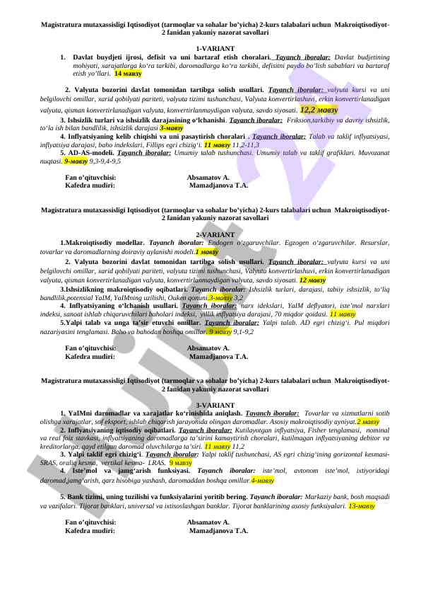 Makroiqtisodiyot 2 fanidan yakuniy nazorat savollari