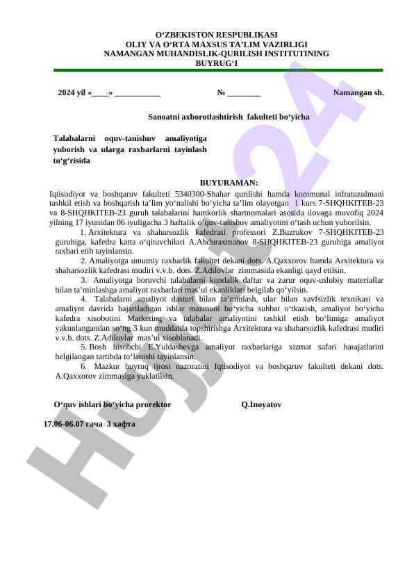 Amaliyotga yo‘naltirilgan talabalar uchun buyruq