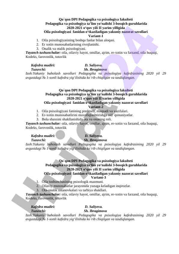 Oila psixologiyasi fanidan nazorat savollari