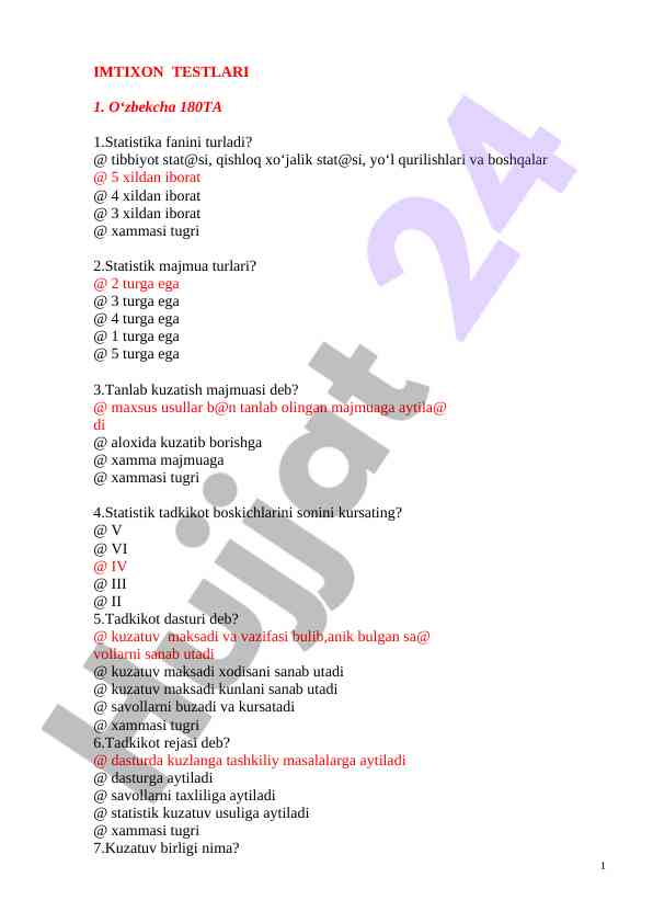 Statistika faniga oid imtixon testlari