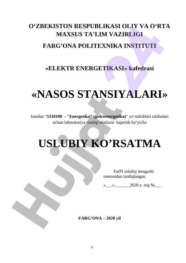 Nasos stansiyalari laboratoriya mashg‘ulotlari uslubiy ko‘rsatma