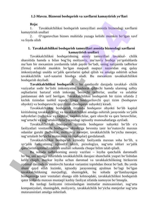 Biznesni boshqarish va xavflarni kamaytirish yo‘llari